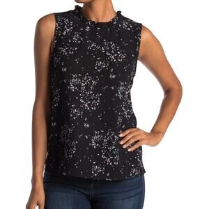Pleione Ruffle Neck Sleeveless Blouse – Black Dotted Floral | Size Large
